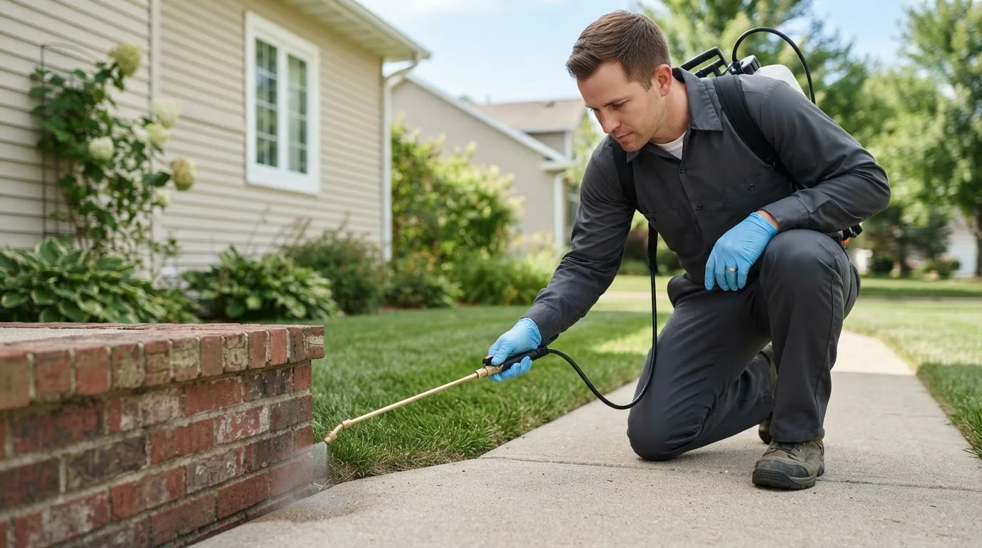 Pest control technician treating a home near Dacoma, OK
