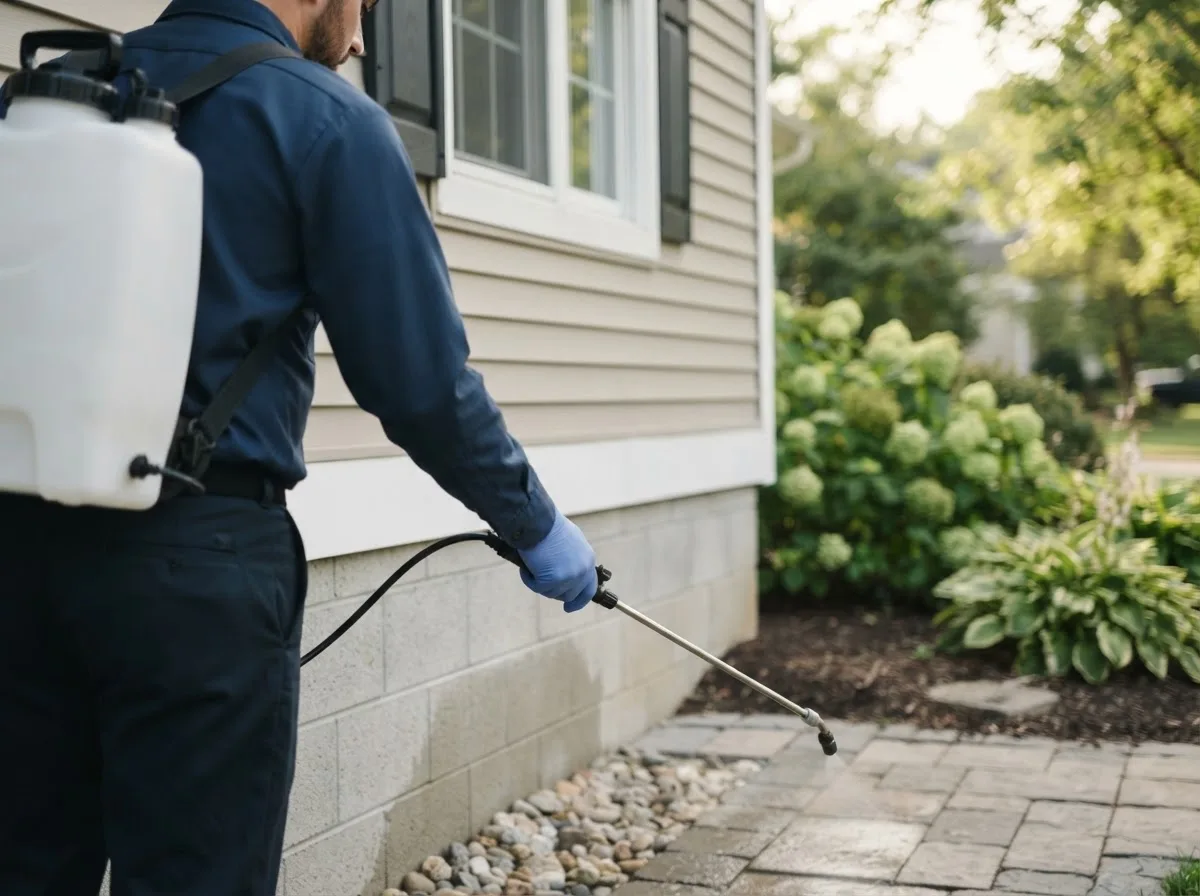 Pest control technician inspecting a home in Dacoma, OK